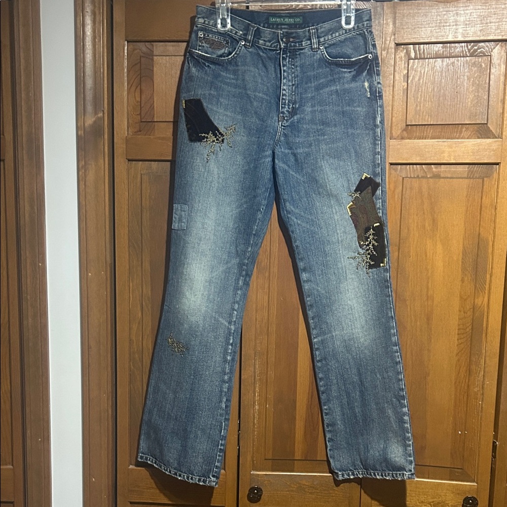 Vintage LRL Ralph Lauren Velvet Paisley Embellished Patchwork Straight Jeans 6